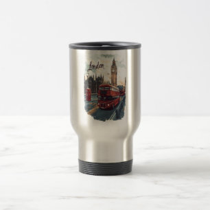 London Cityscape with Double-Decker Bus & Big Ben Travel Mug