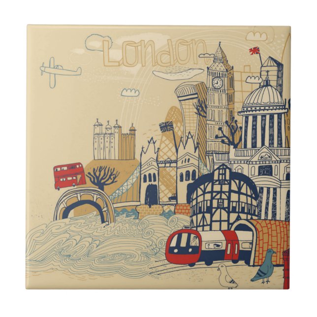 London Doodle Scene Ceramic Tile (Front)