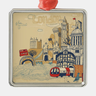 London Doodle Scene Metal Ornament