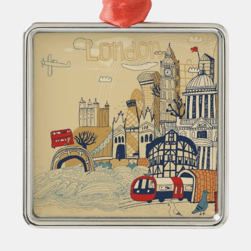 London Doodle Scene Metal Ornament