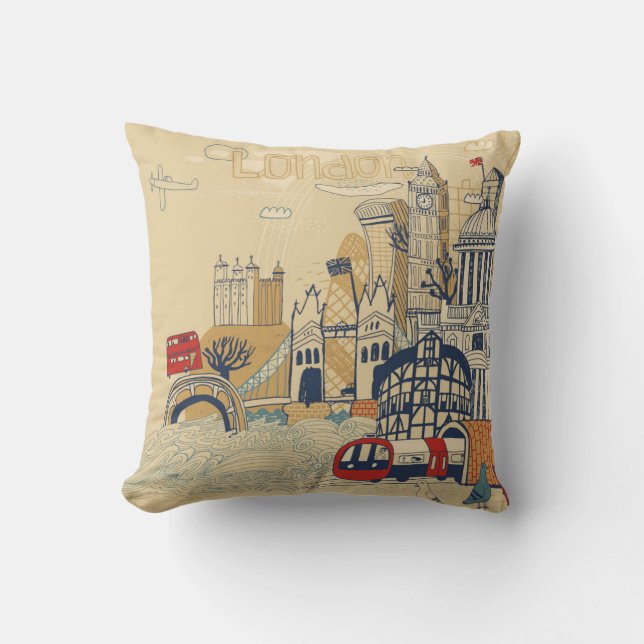 London Doodle Scene Throw Pillow (Front)