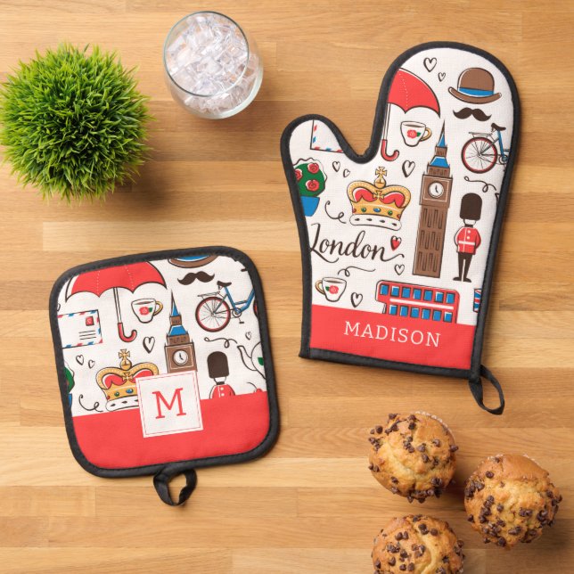 London Doodles Oven Mitt & Pot Holder Set (Top Down)