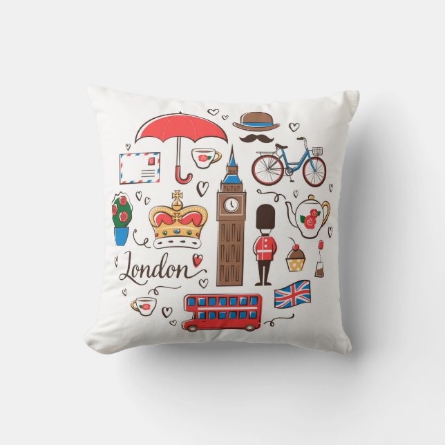 London Doodles Throw Pillow (Front)