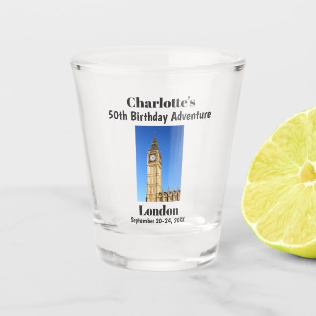 London England Big Ben Birthday Party Trip Favor Shot Glass (Front)
