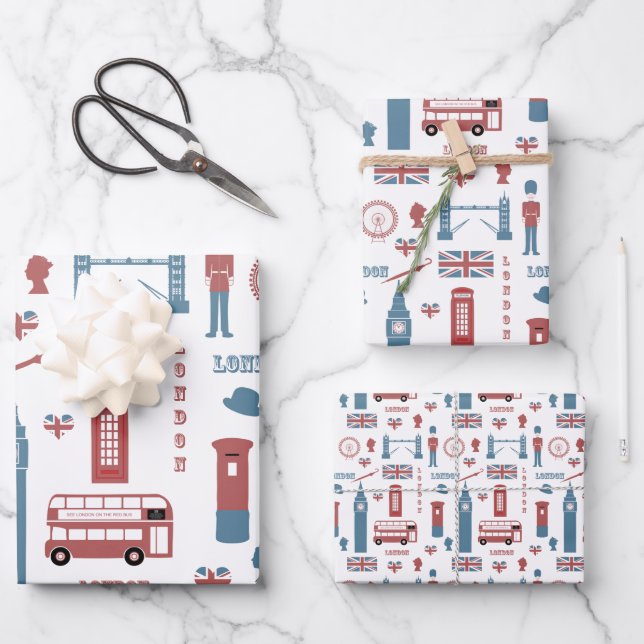 London England Big Ben English Flag Queen's Guard Wrapping Paper Sheets (Front)