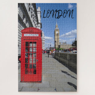 London England Big Ben Vintage Black White Red Bus Jigsaw Puzzle