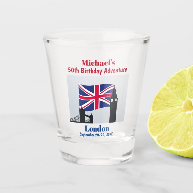 London England Birthday Party Trip Favor Shot Glass (Front)