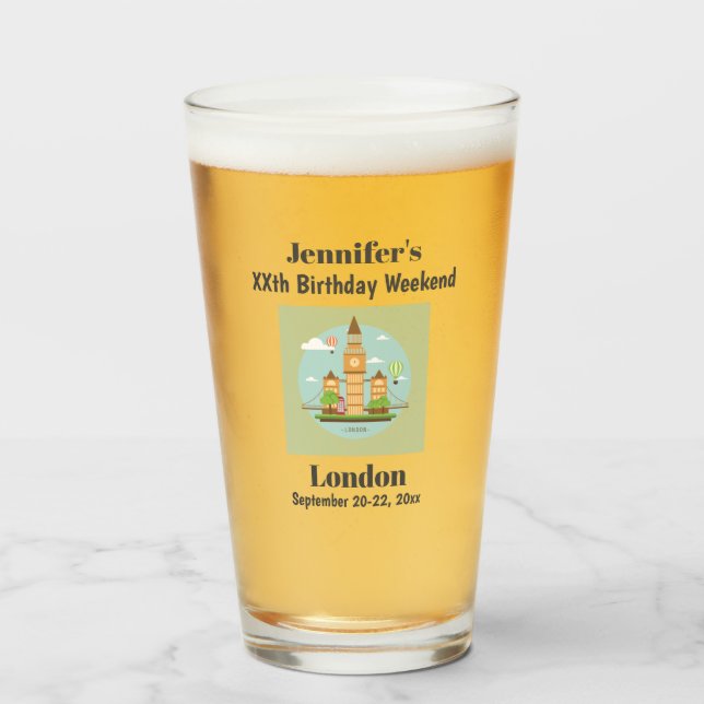 London England Milestone Birthday Party Beer Pint Glass (Front Filled)