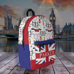 London England Queens Guard English Pattern Printed Backpack<br><div class="desc">London, England pattern with English elements such as phone booth, double decker bus, London Bridge, the London Ferris Wheel. Union Jack Flag motif on front pocket. Please note that colors are not official colors--they have been modified to coordinate with the colors in the pattern. Composite design by Holiday Hearts Designs...</div>