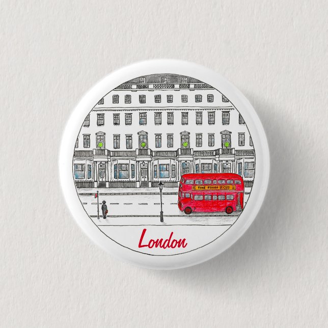 London England Red Bus Travel Illustration Button (Front)