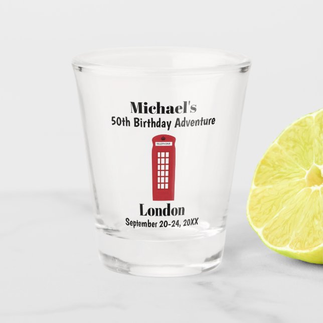 London England Red Phone Booth Birthday Trip Favor Shot Glass (Front)
