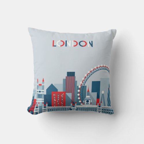 London England  Red White and Blue Skyline Throw Pillow