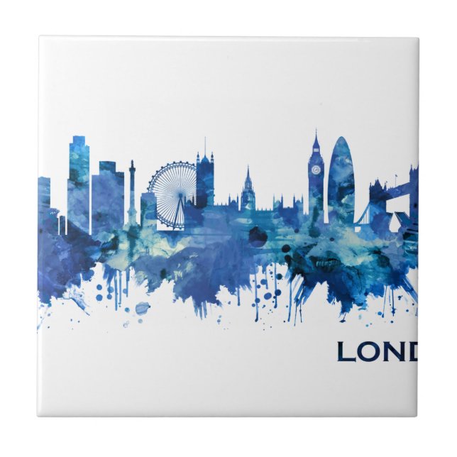 London England Skyline Blue Ceramic Tile (Front)