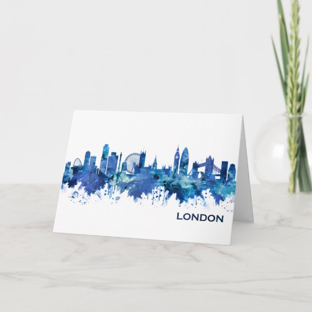 London England Skyline Blue Holiday Card (Front)