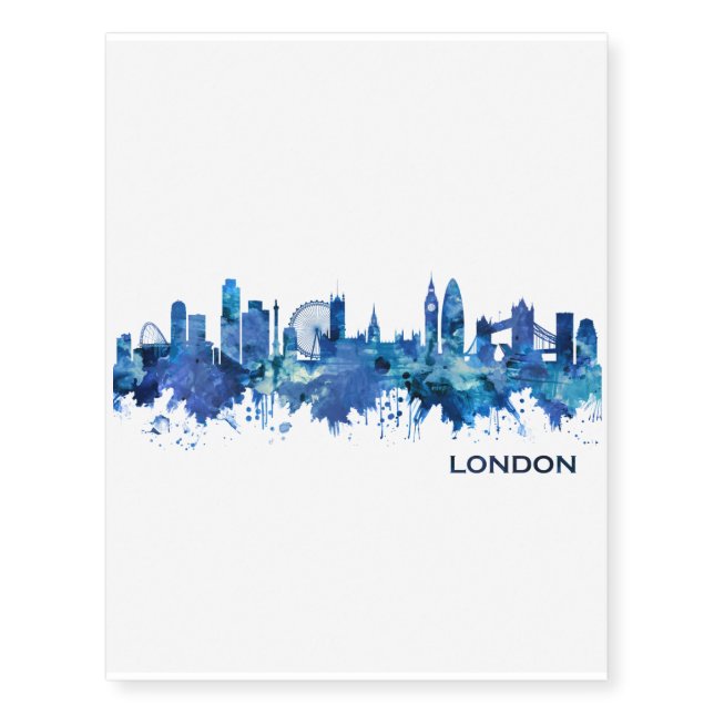 London England Skyline Blue Temporary Tattoos (Front)