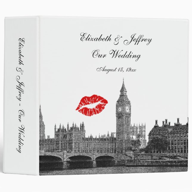 London England Skyline Kiss #1 BW Wedding Binder (Front/Spine)