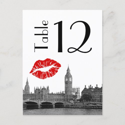 London England Skyline Kiss BW Table Number Card