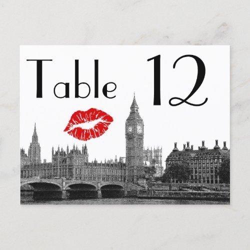 London England Skyline Kiss BW Table Number Card