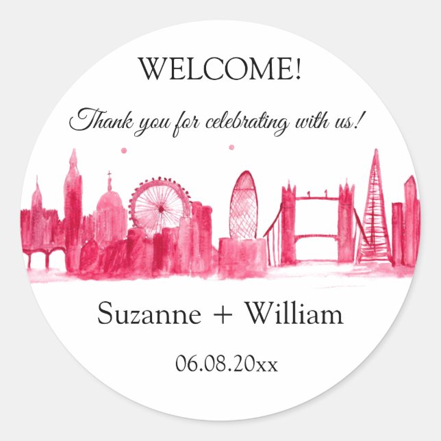 London England skyline Pink Favors Weddings Classic Round Sticker (Front)