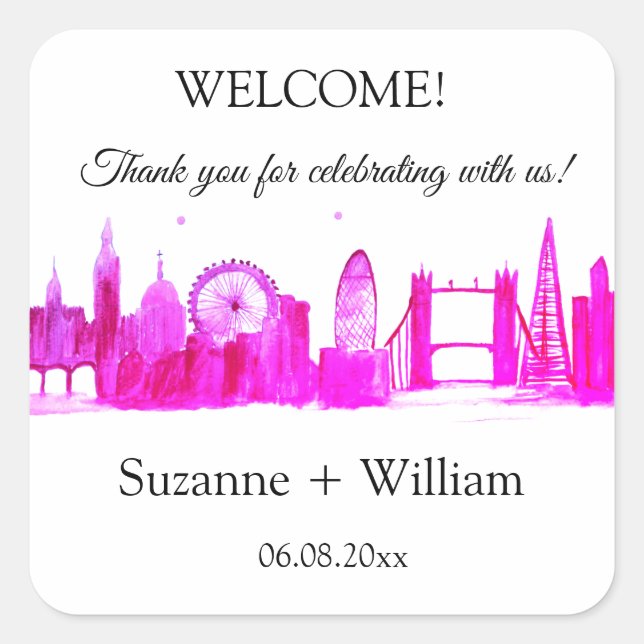 London England skyline Pink Favors Weddings Square Square Sticker (Front)