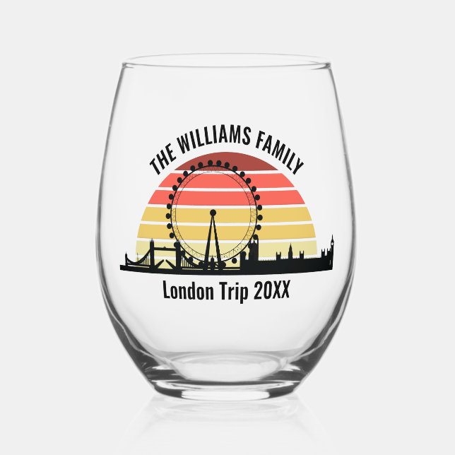 London England Sunset Custom Family Trip Stemless Wine Glass (Front)
