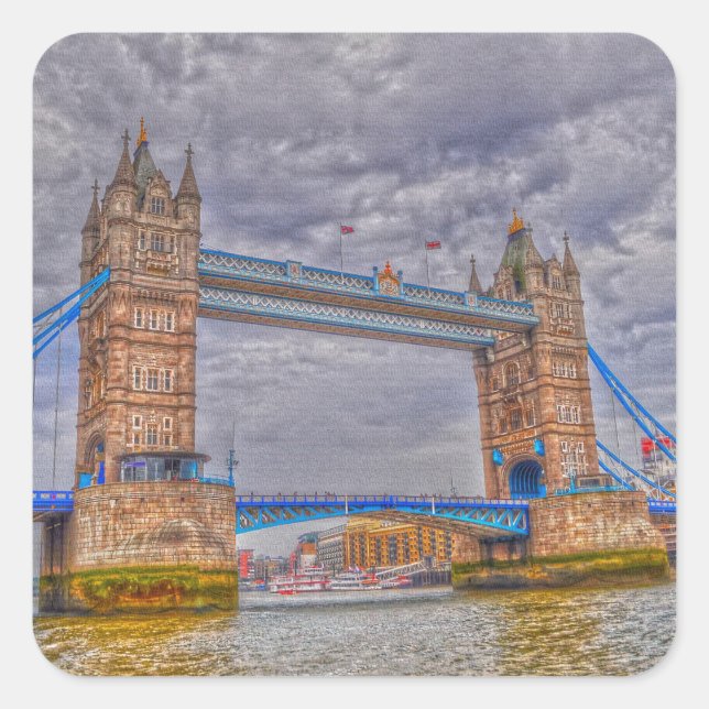London, England Tower Bridge & Thames River Square Sticker (Front)