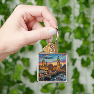 London England Travel Art Vintage Keychain