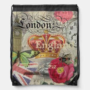 London England Travel Vintage Europe Art Drawstring Bag