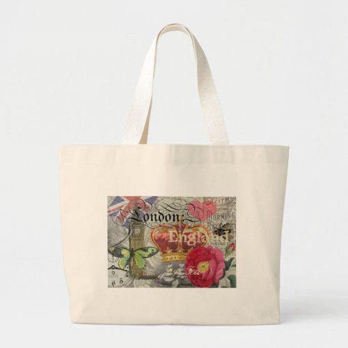 London England Travel Vintage Europe Art Large Tote Bag