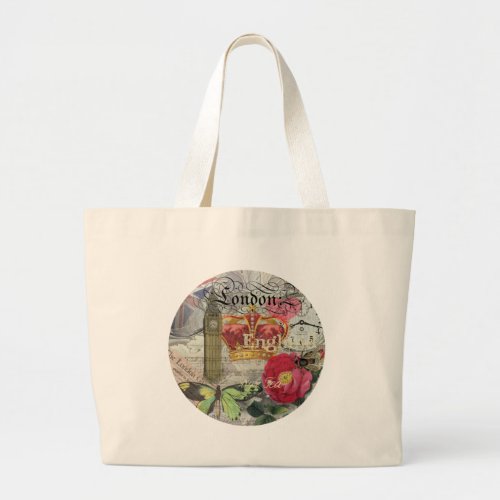 London England Travel Vintage Europe Art Large Tote Bag