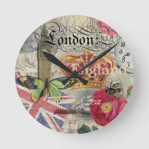London England Travel Vintage Europe Art Round Clock