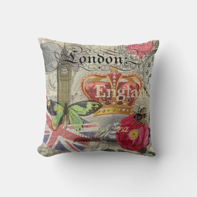 London England Travel Vintage Europe Art Throw Pillow (Front)