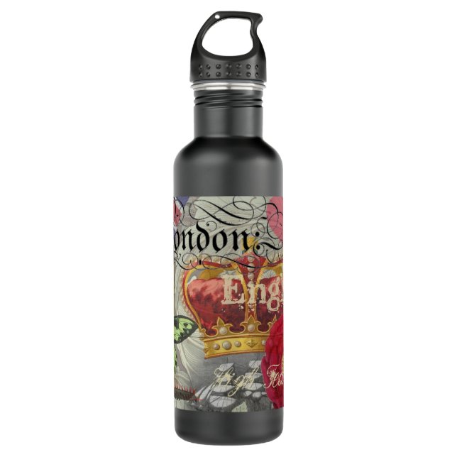 London England Travel Vintage Europe Art Water Bottle (Front)