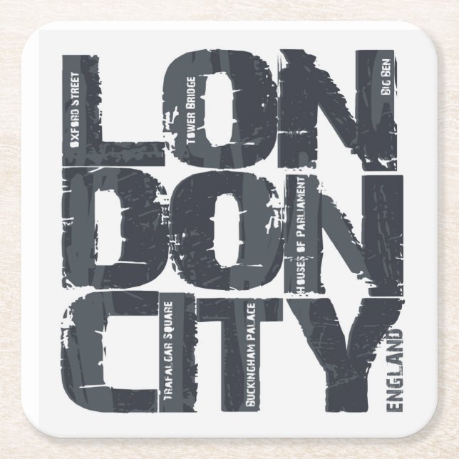 London, England Typography Square Paper Coaster (Front)