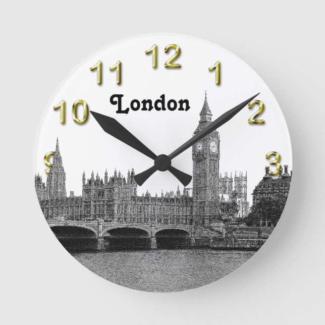 London England UK Skyline Etched Round Clock (Front)