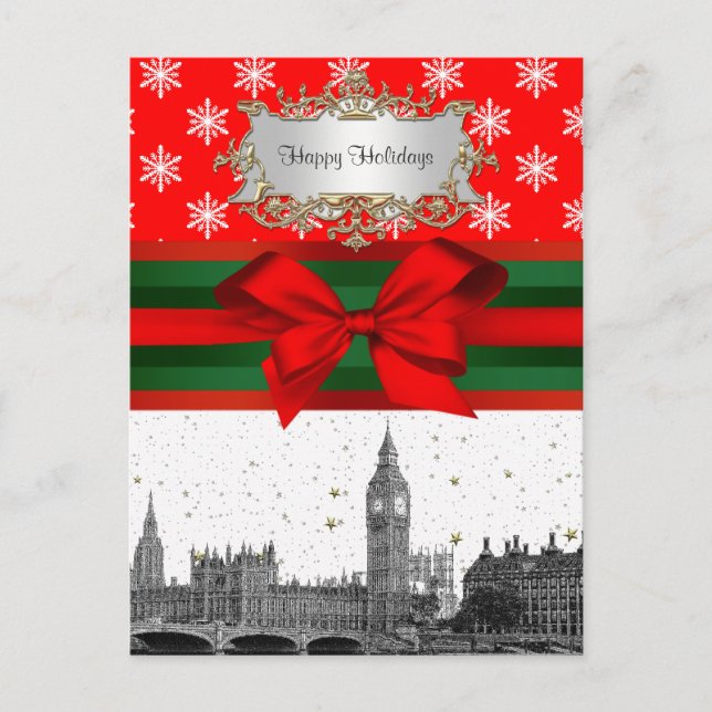 London England UK Skyline Red Snowflake Christmas Holiday Postcard (Front)