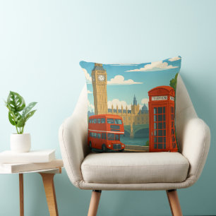 London England Vintage Travel Big Ben, Red Bus Throw Pillow