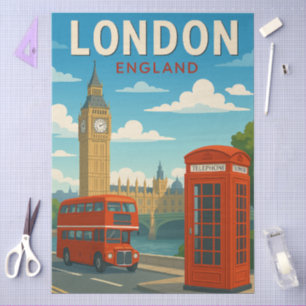 London England Vintage Travel Big Ben, Red Bus Tissue Paper