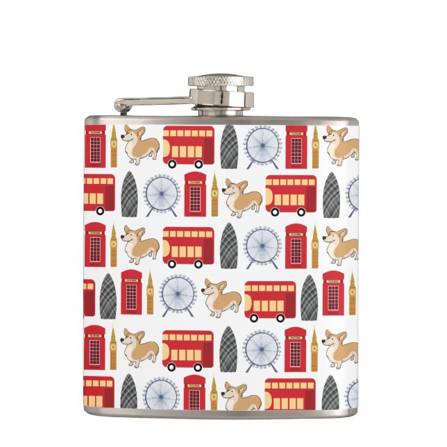 London Icon and Corgi Collage Pattern Flask (Front)