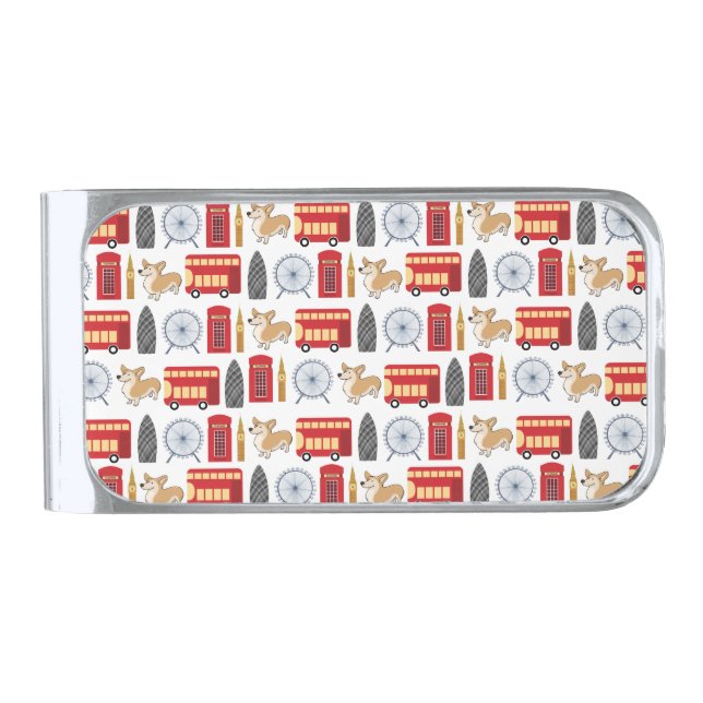 London Icon and Corgi Collage Pattern Silver Finish Money Clip (Front)