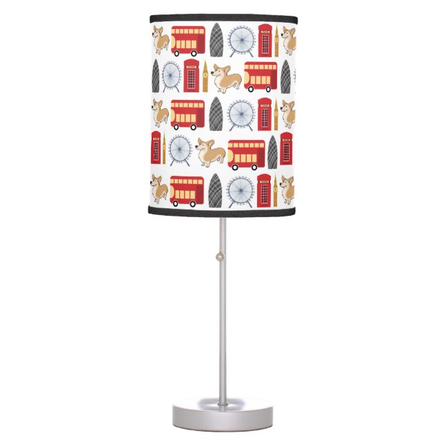 London Icon and Corgi Collage Pattern Table Lamp (Front)