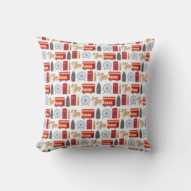 London Icon and Corgi Collage Pattern Throw Pillow (Front)