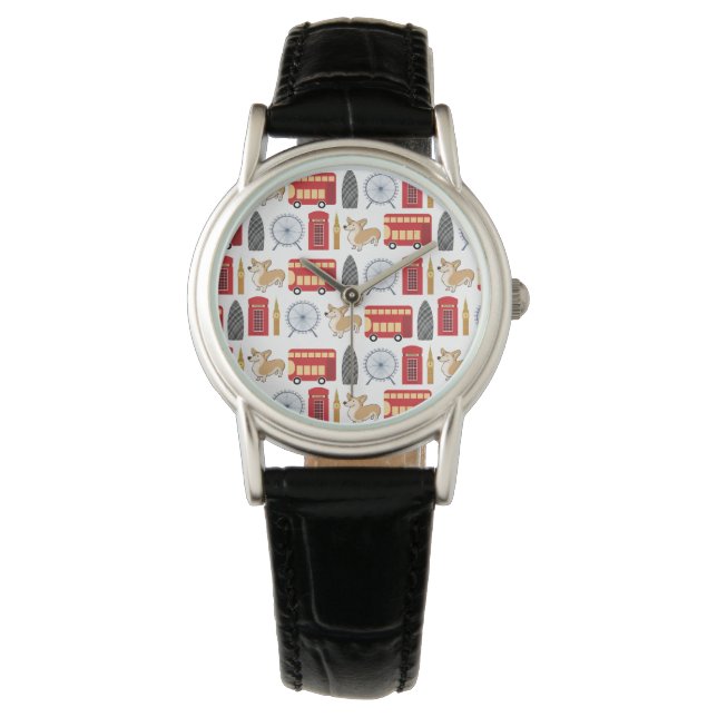 London Icon and Corgi Collage Pattern Watch (Front)