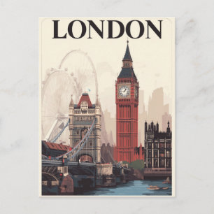 London Iconic Landmarks Retro Travel Art Postcard