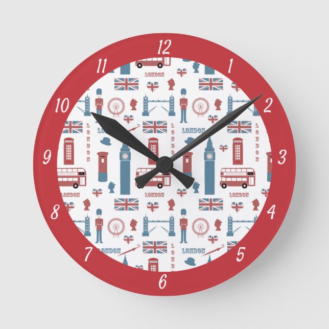 London Icons, Big Ben, England Flag, Double Decker Round Clock (Front)