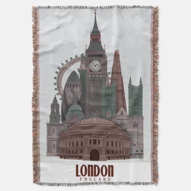 London in Clouds Red and Green Throw Blanket (Front Vertical)