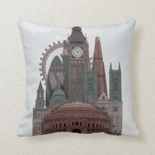 London in Clouds Red and Green Throw Pillow