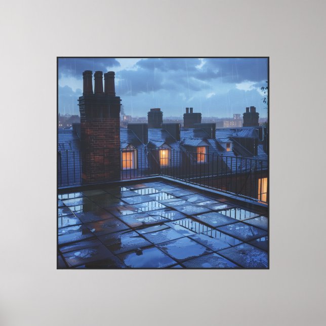 London Inspired Rainy Rooftop View & Chimneys Wall Canvas Print (Front)