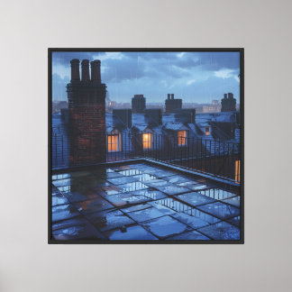 London Inspired Rainy Rooftop View & Chimneys Wall Canvas Print