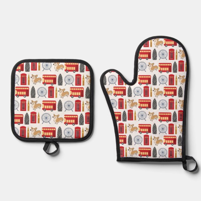 London Landmarks Icon Pattern Oven Mitt & Pot Holder Set (Front)